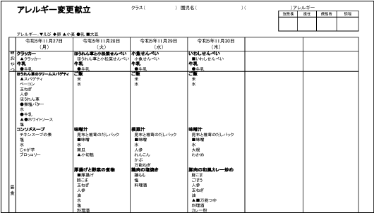 週間献立表(アレルギー対応記録表)